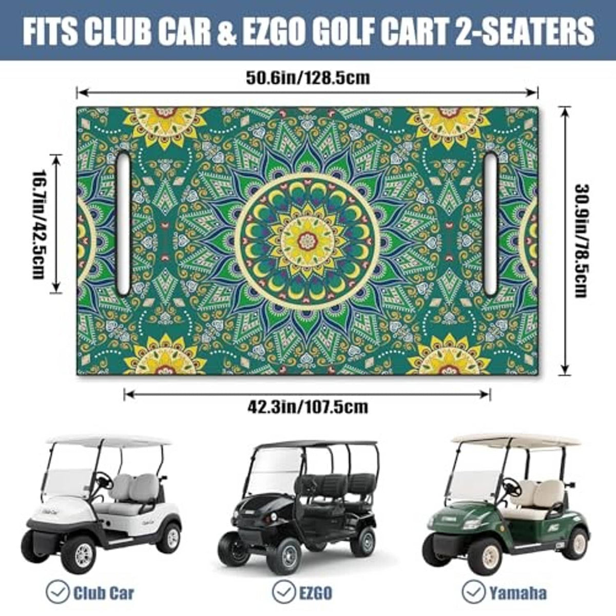 Green rectangular seat cover towel with central mandala print and side hand cutouts