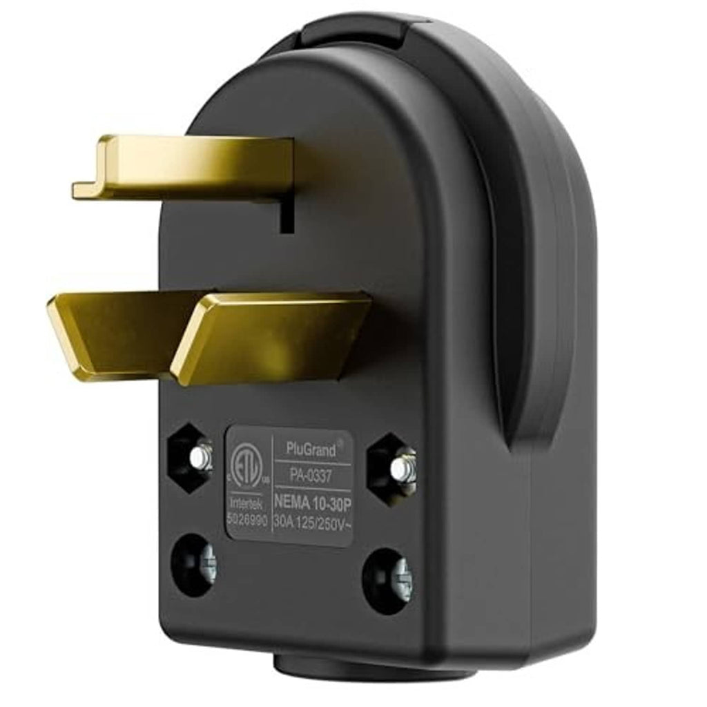 NEMA 10-30P 30A 125/250V 3-pole power plug, black housing and gold prongs