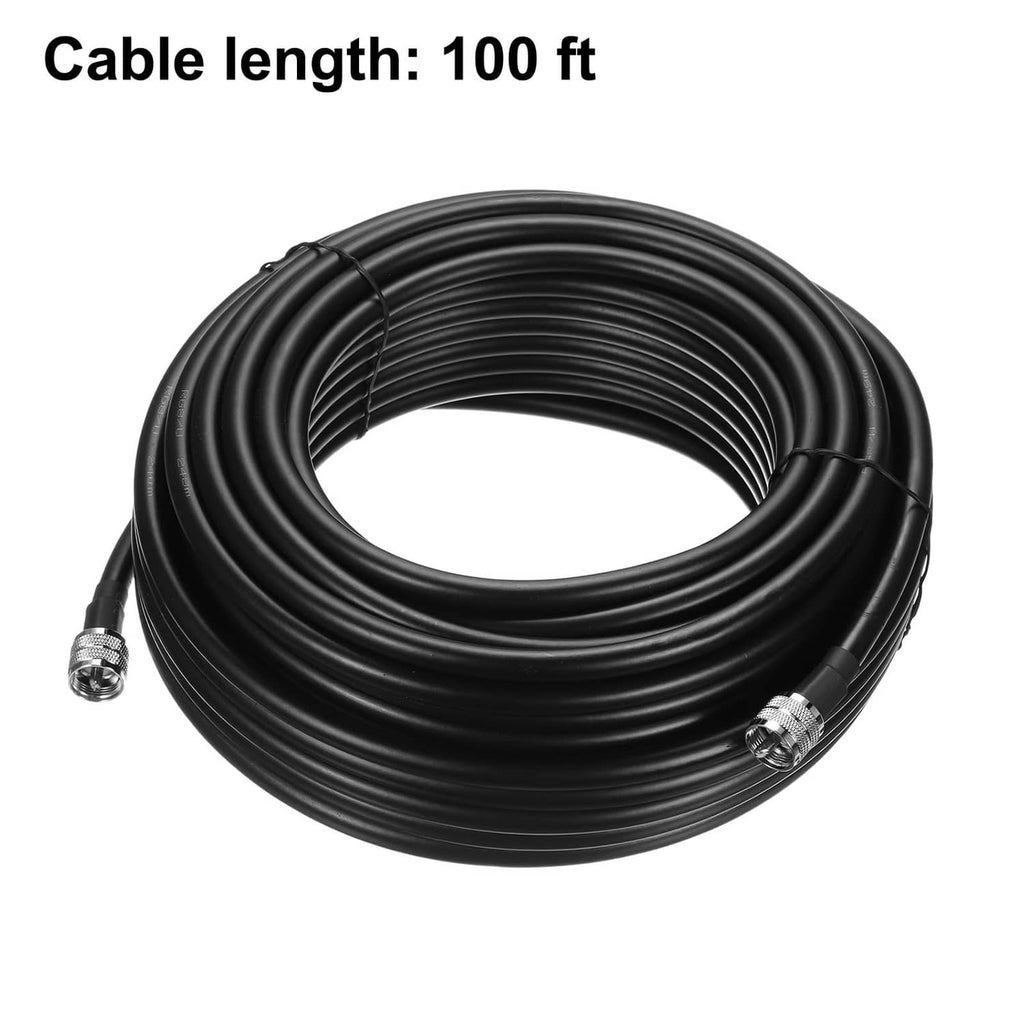 Black RG8/U coax cable coil, 100 ft length, with PL-259 male connectors