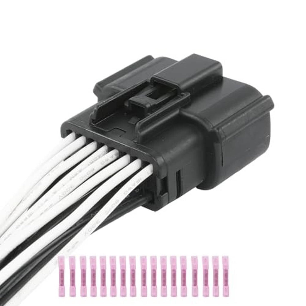 Headlight connector harness with black housing and white wire terminals, side/back view