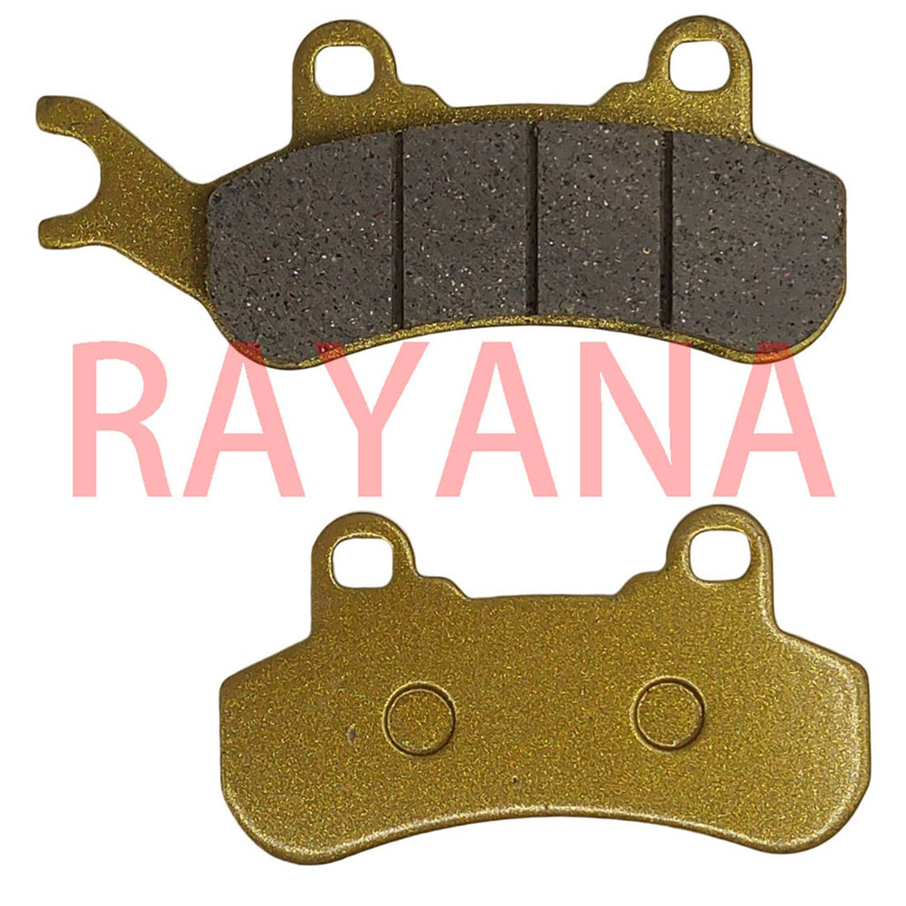 Brake pad set with segmented dark pad and gold-shaded pad, both with mounting holes