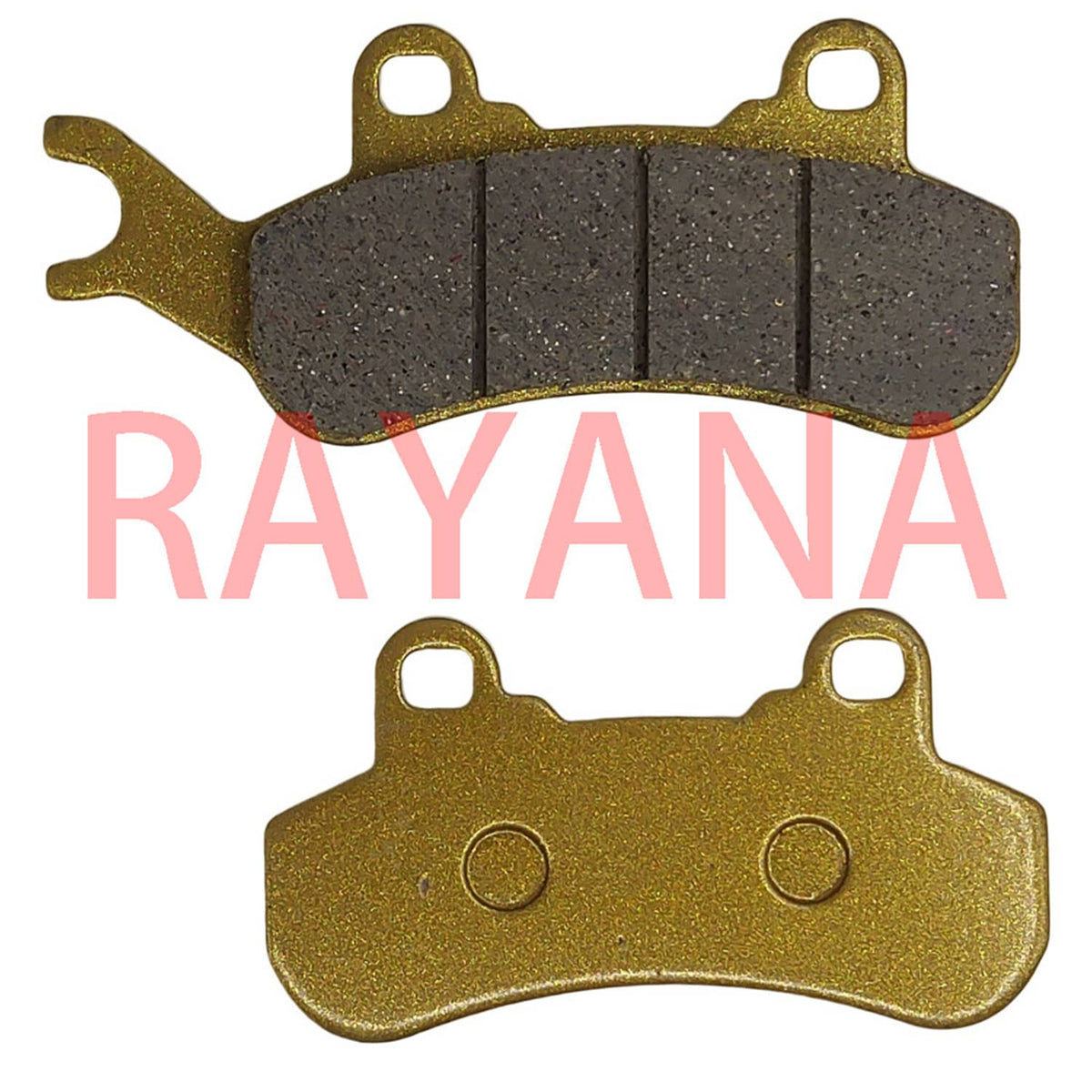 Brake pad set with segmented dark pad and gold-shaded pad, both with mounting holes