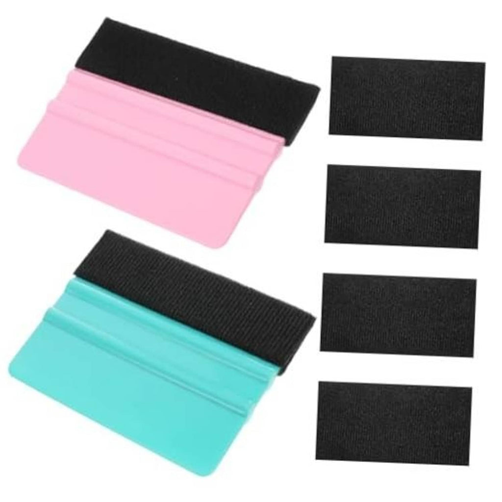 Vinyl felt squeegee tools with pink and teal bodies and black scratch-free pads