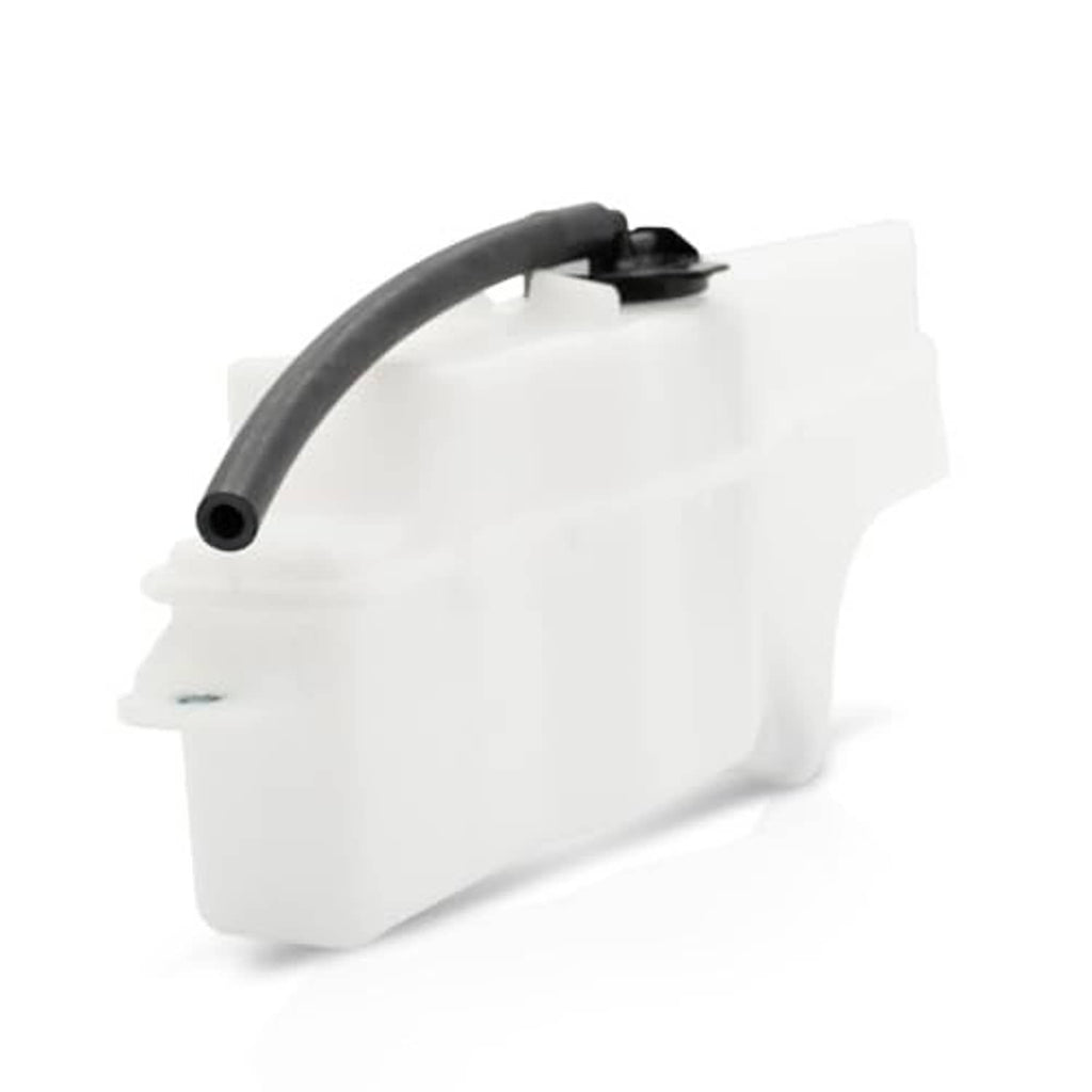 White coolant recovery tank reservoir with black hose and mounting cap on top.