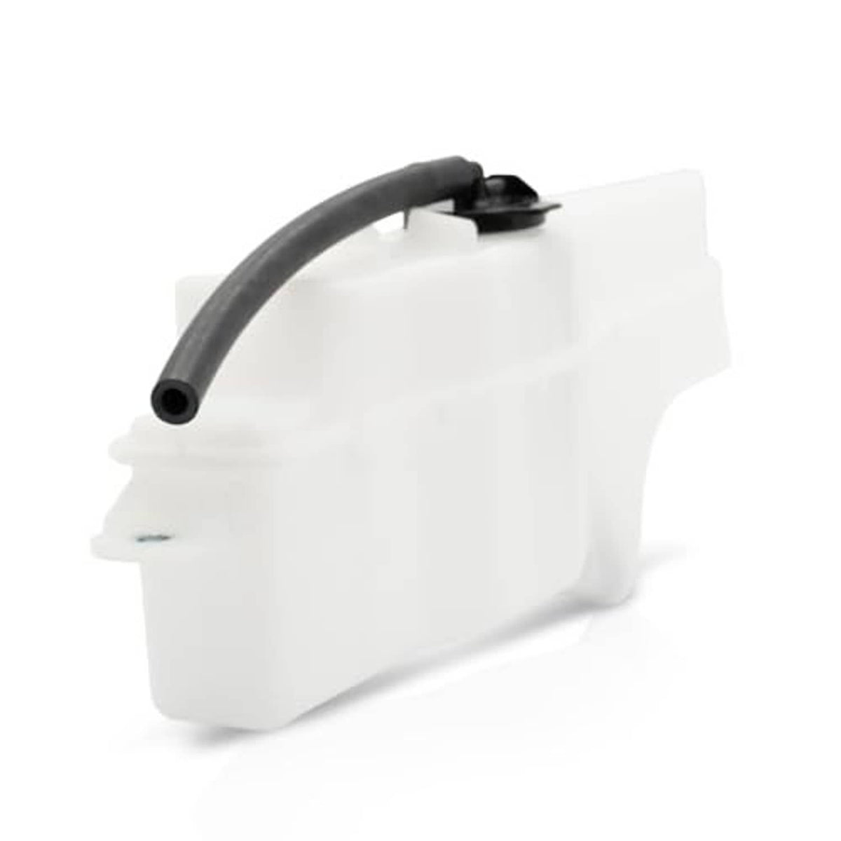 White coolant recovery tank reservoir with black hose and mounting cap on top.