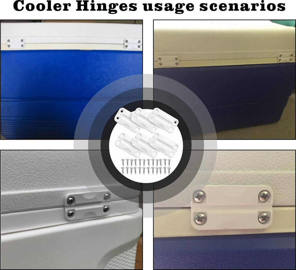 Cooler hinge hardware close-up with mounting screws on lid edge