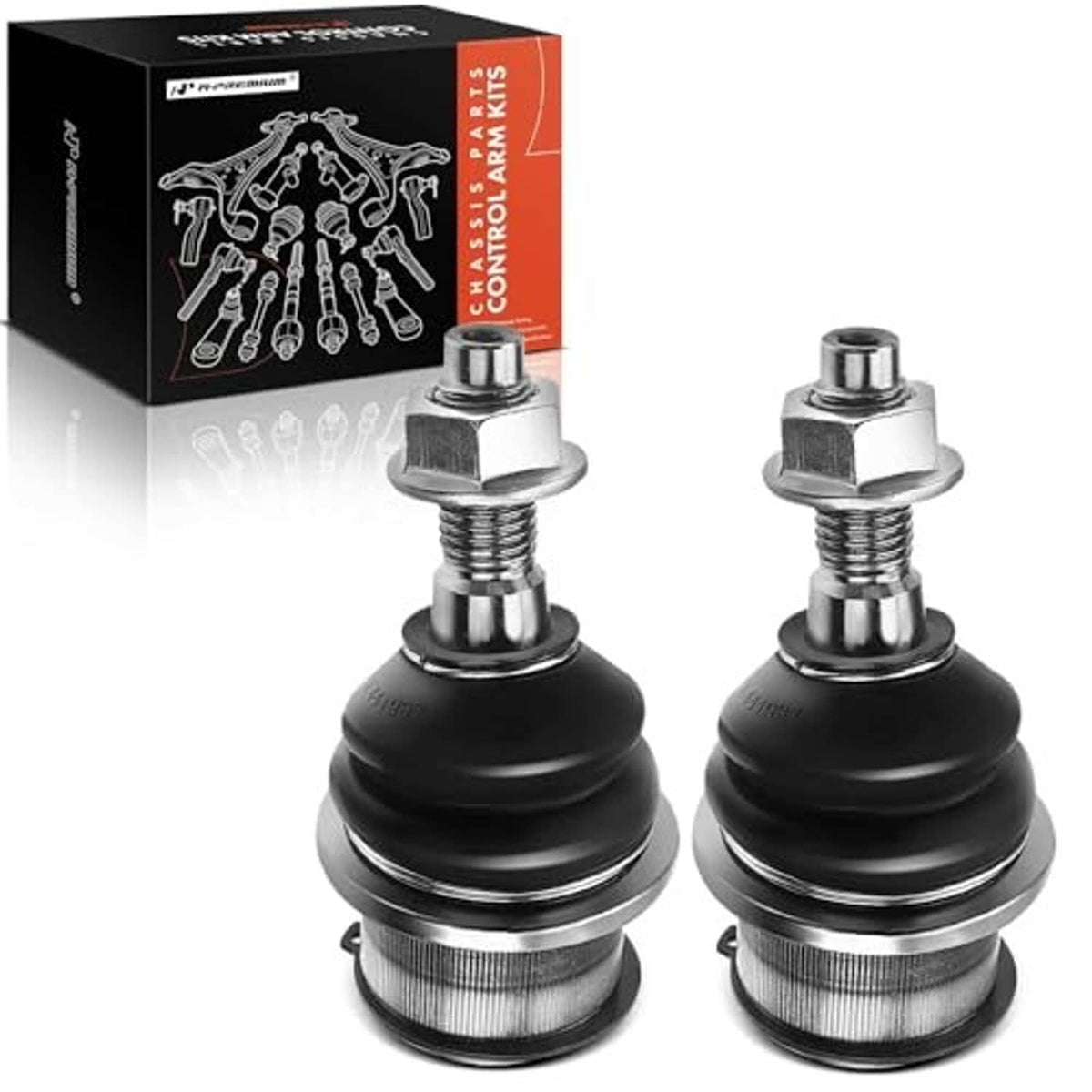 Front lower ball joint pair with black boots, hex studs, and threaded stems