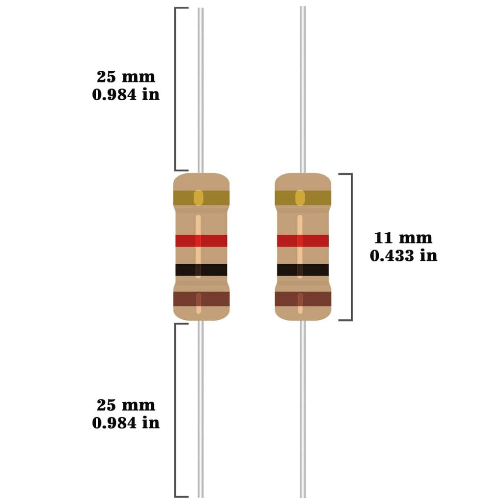 Axial lead resistor size diagram: 25mm length, 11mm width between leads