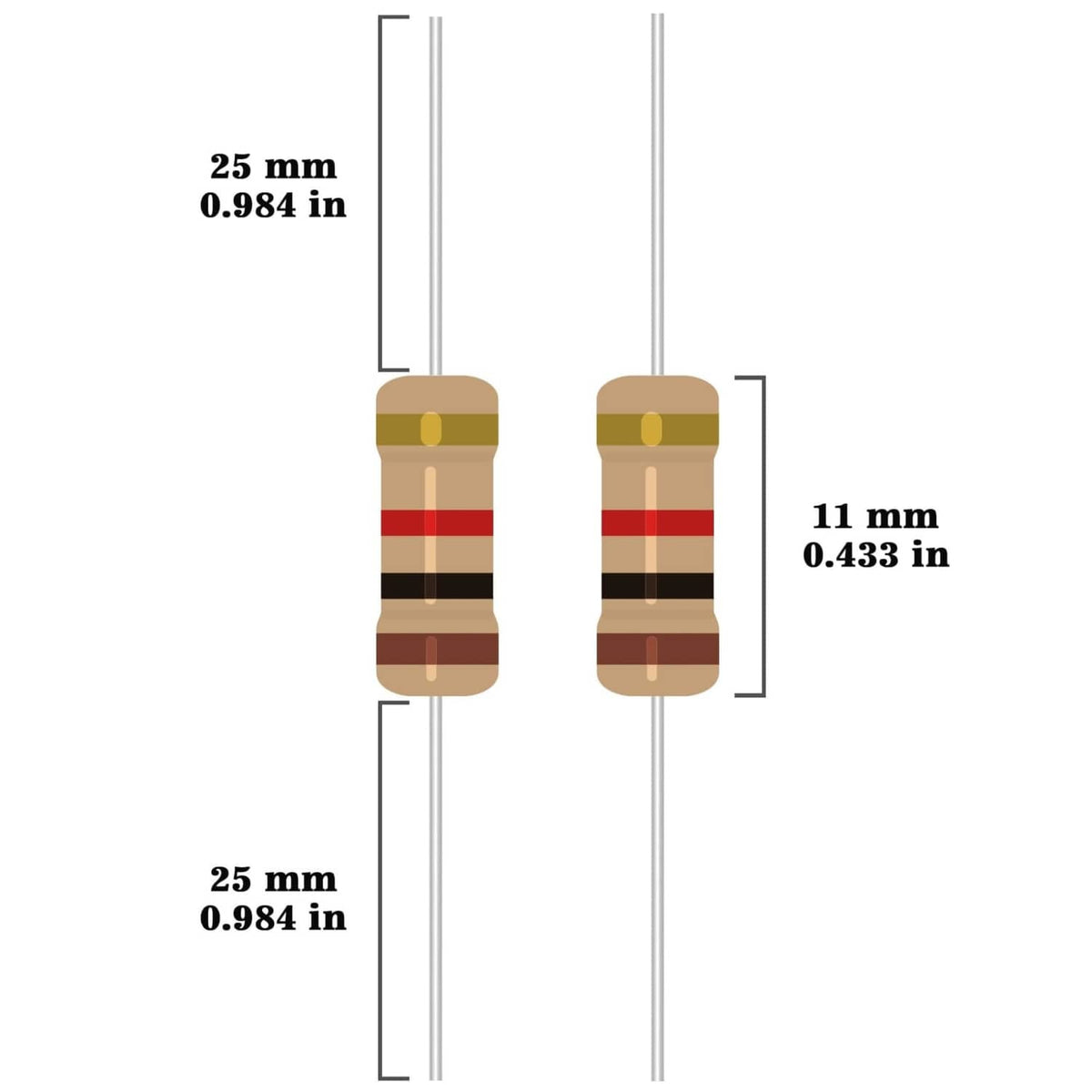 Axial lead resistor size diagram: 25mm length, 11mm width between leads