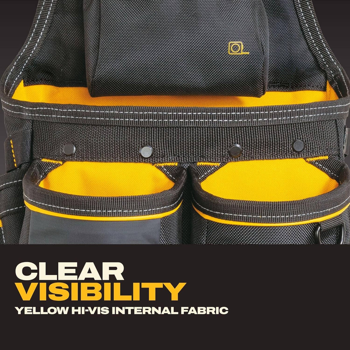 Tool belt pouch close-up, two yellow hi-vis pockets with black edging and riveted panel