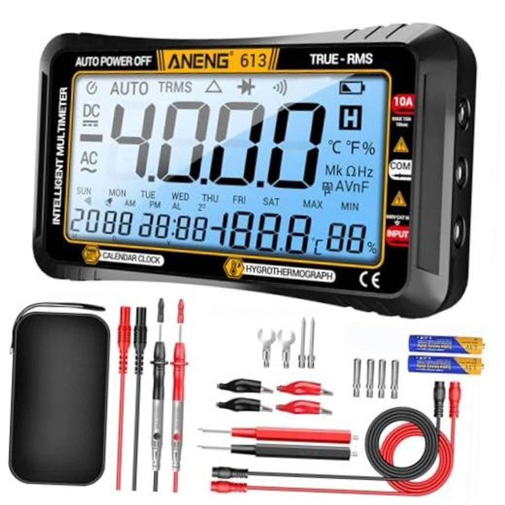 Black digital multimeter with large LCD showing voltage readings and icons