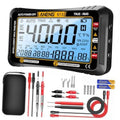 Black digital multimeter with large LCD showing voltage readings and icons