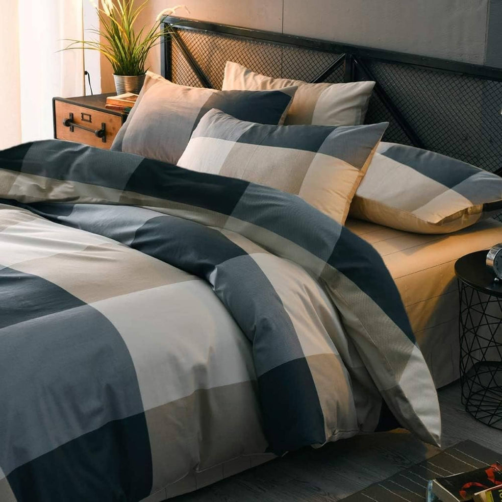 Comforter set with navy and white buffalo check duvet cover and pillowcases