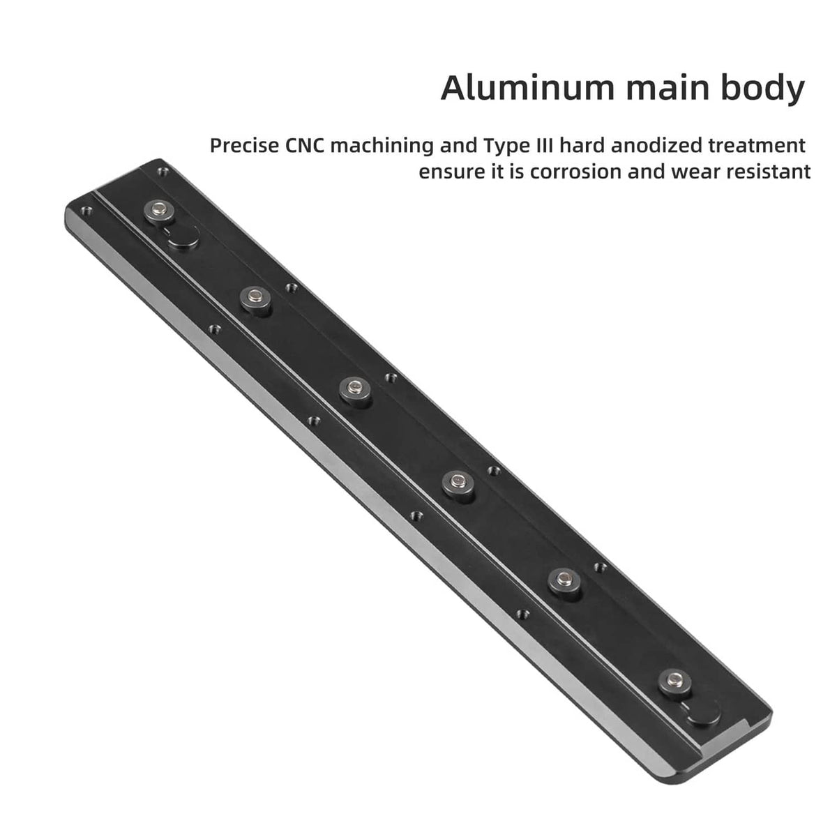 Black mounting plate adapter with elongated center channel and evenly spaced screws