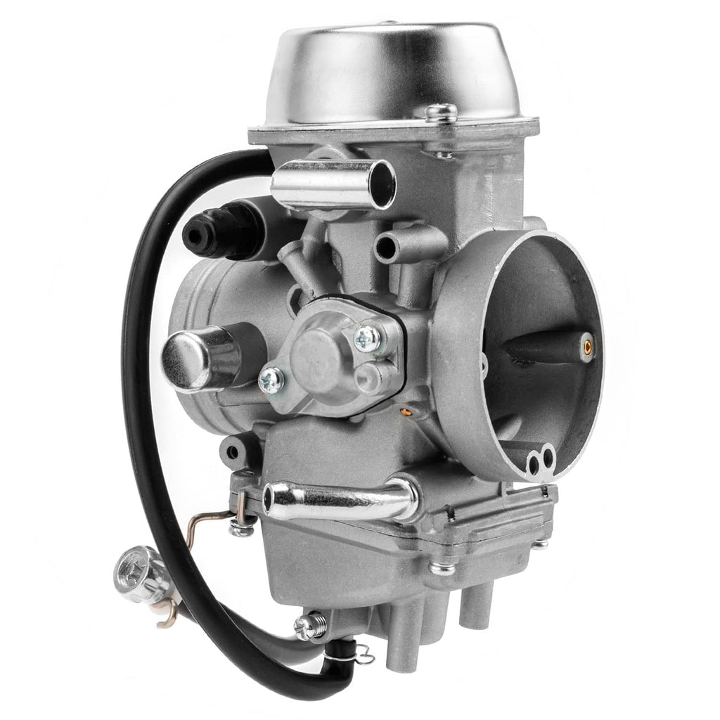 Carburetor assembly angled view with metal body and black hoses