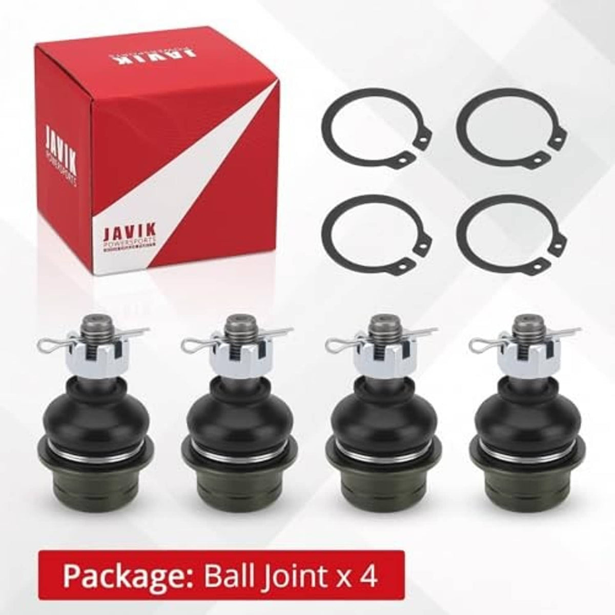 Boxed 4-pack A-arm ball joints with black rubber boots and four included snap rings