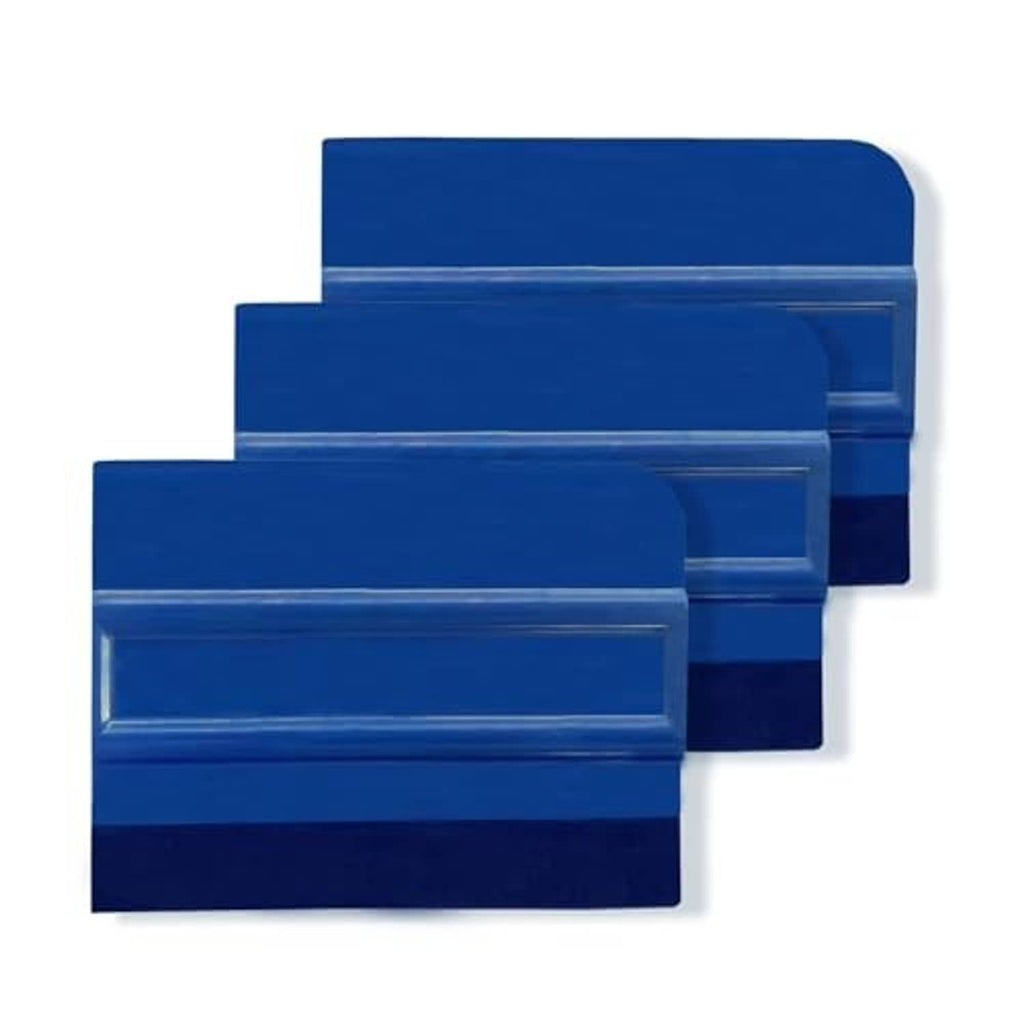 Stacked blue felt squeegees, 4-inch rectangular blades for vinyl and window films