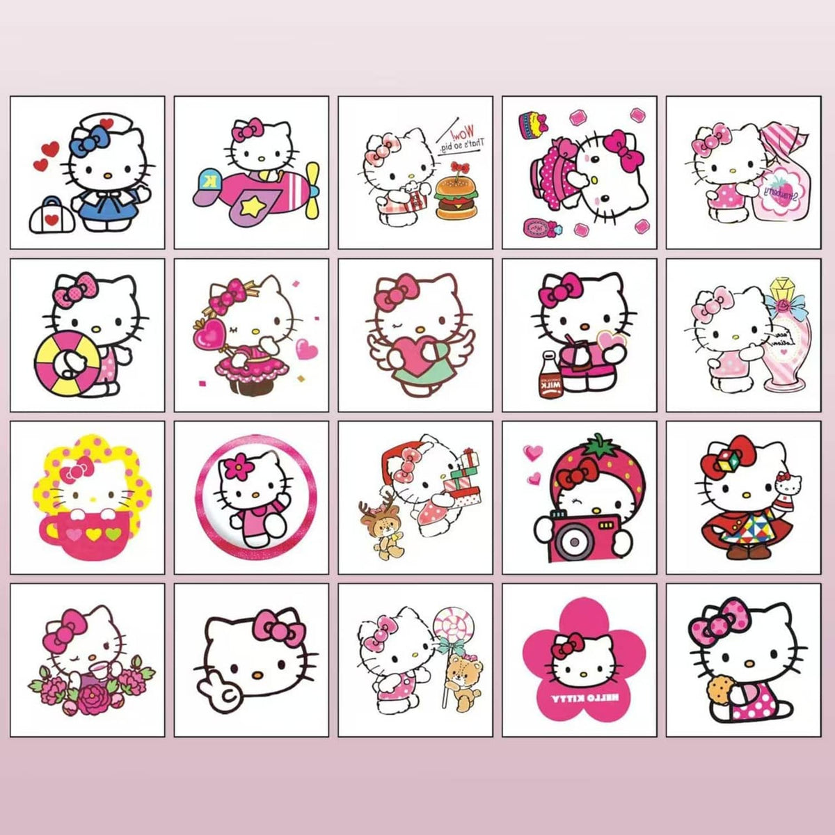 Sheet of Hello Kitty temporary tattoos with many small cartoon icons in a grid.