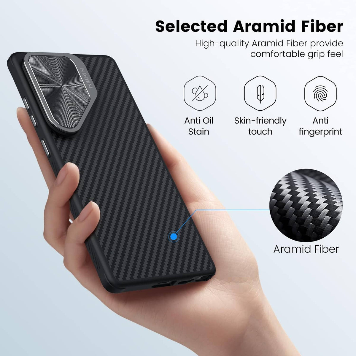Black carbon-fiber-look case with aramid-style grip panel and magnetic camera cover