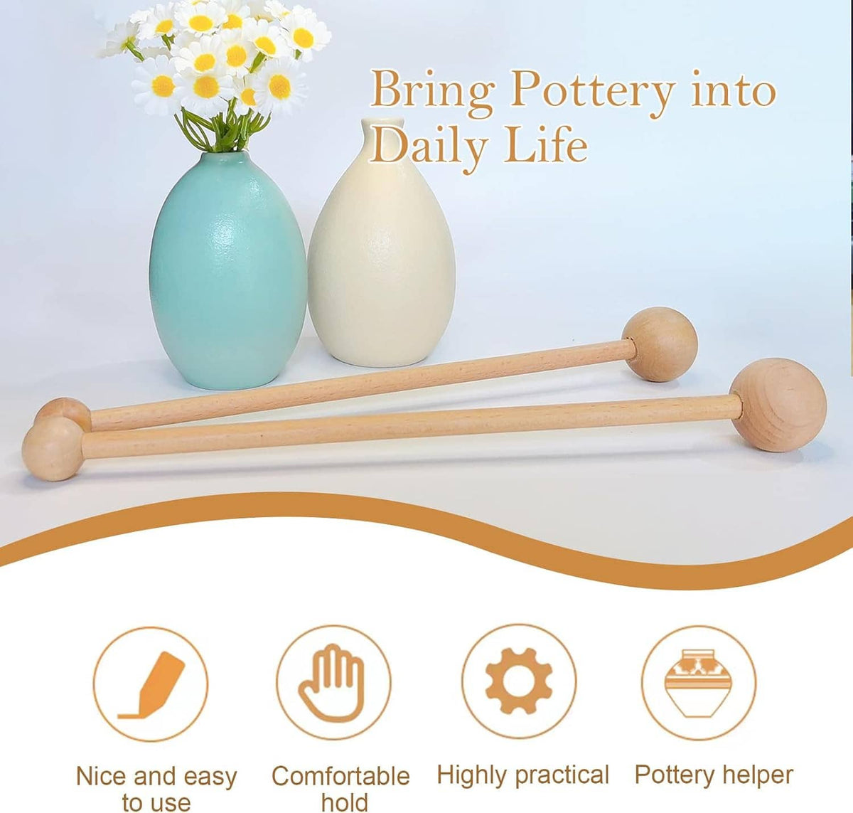 Two wooden pottery throwing sticks with ball knobs, shown beside small vases.