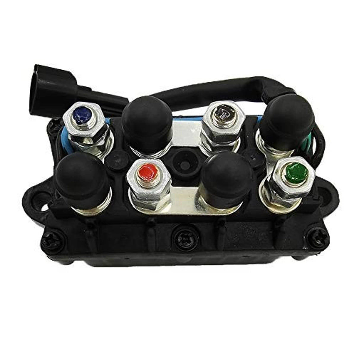 Boat tilt-trim relay module top view with colored terminal caps and screws
