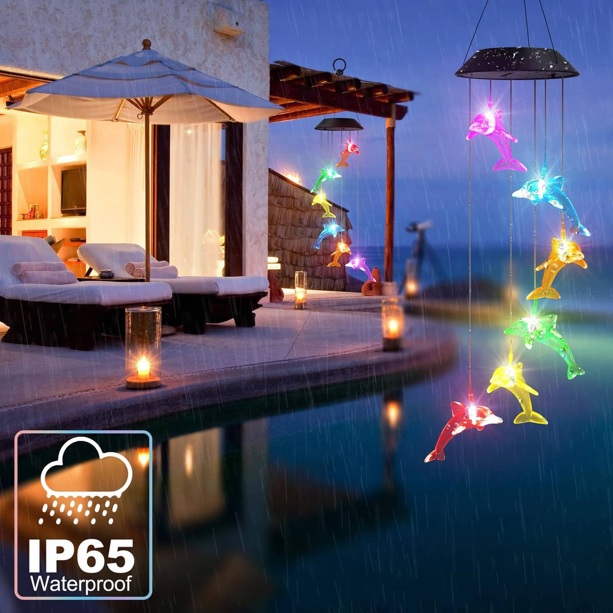 Waterproof solar dolphin wind spinner lights hanging over outdoor patio with multicolor LEDs
