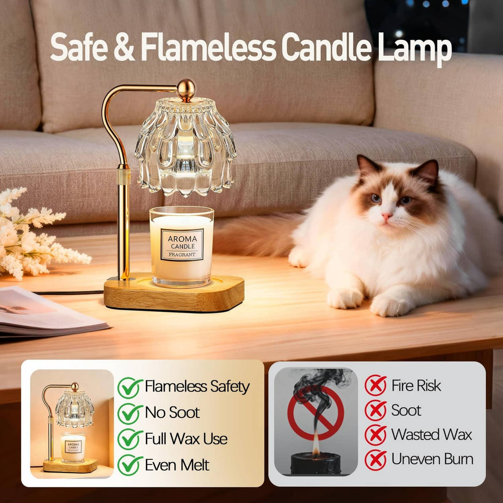 Safe flameless candle warmer lamp with clear glass shade and lit aroma candle jar