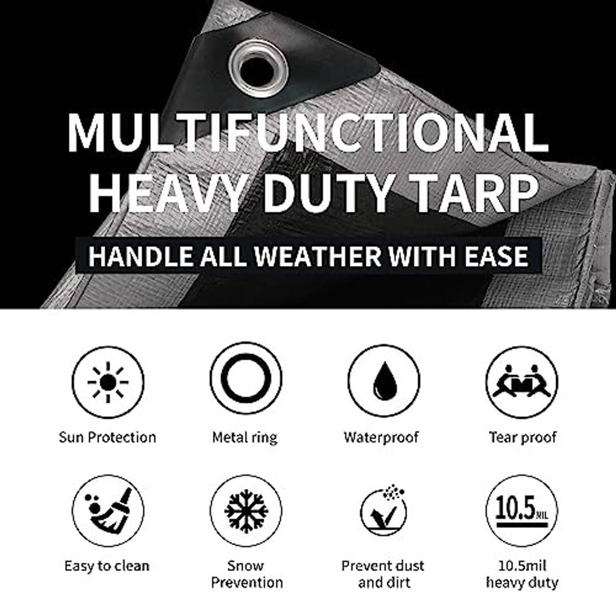 Heavy-duty tarp with metal grommet and reinforced corner seam, dark coated fabric layers.