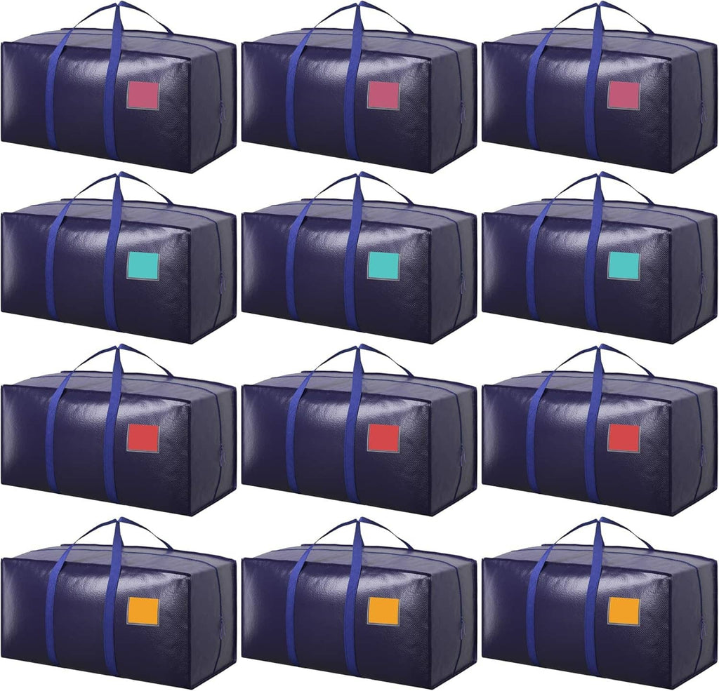 Navy blue moving bags set with carry handles and colored square label patches