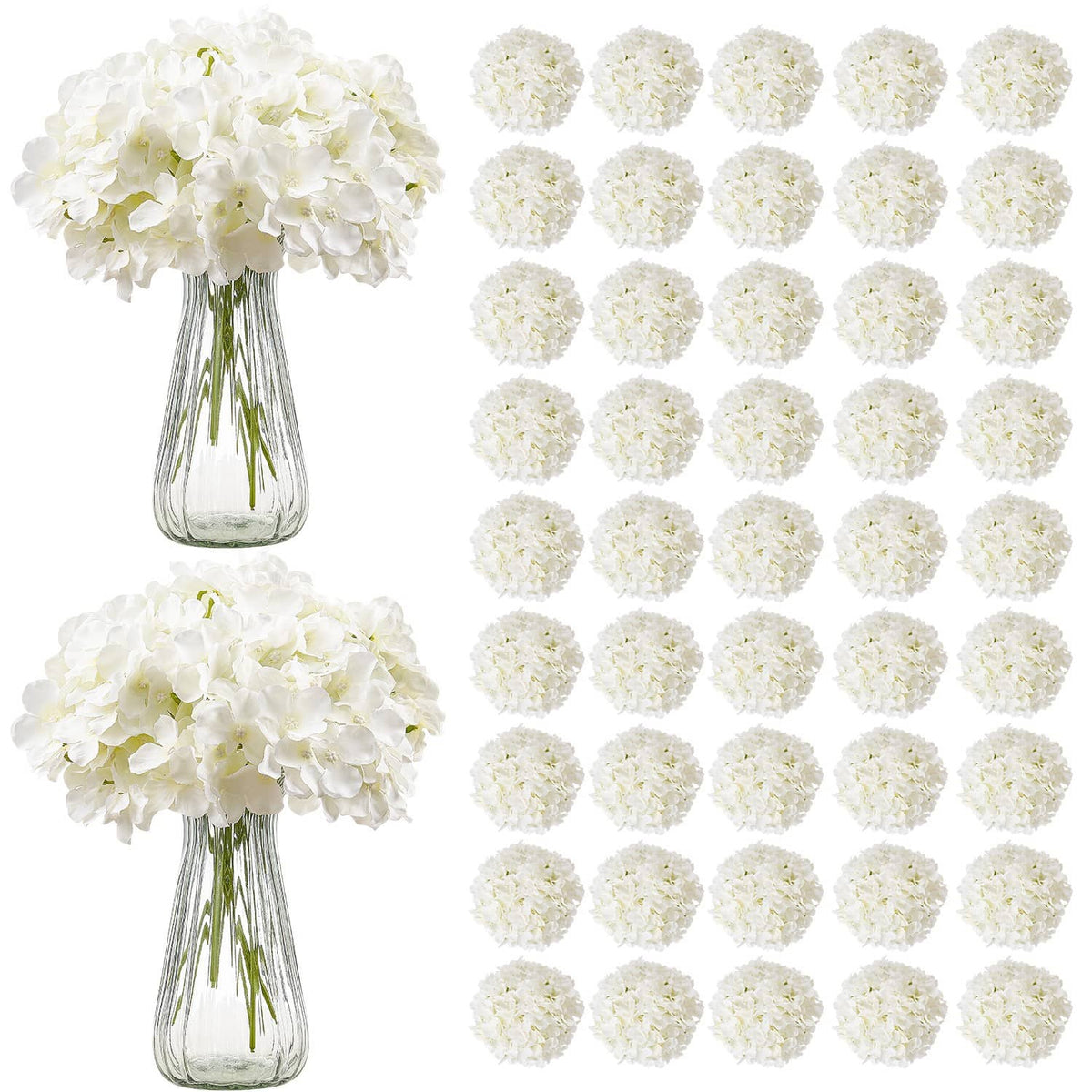 Artificial white hydrangea bouquet set with clear glass vases and 105 flower heads