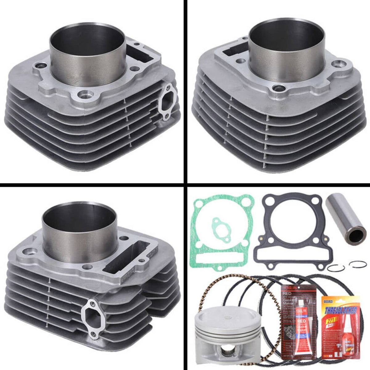Four-panel view of cylinder piston gasket top end kit with piston rings and gaskets