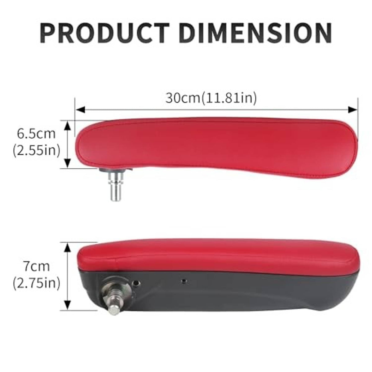 Red padded armrest cover with black underside and visible metal adjustment bolt