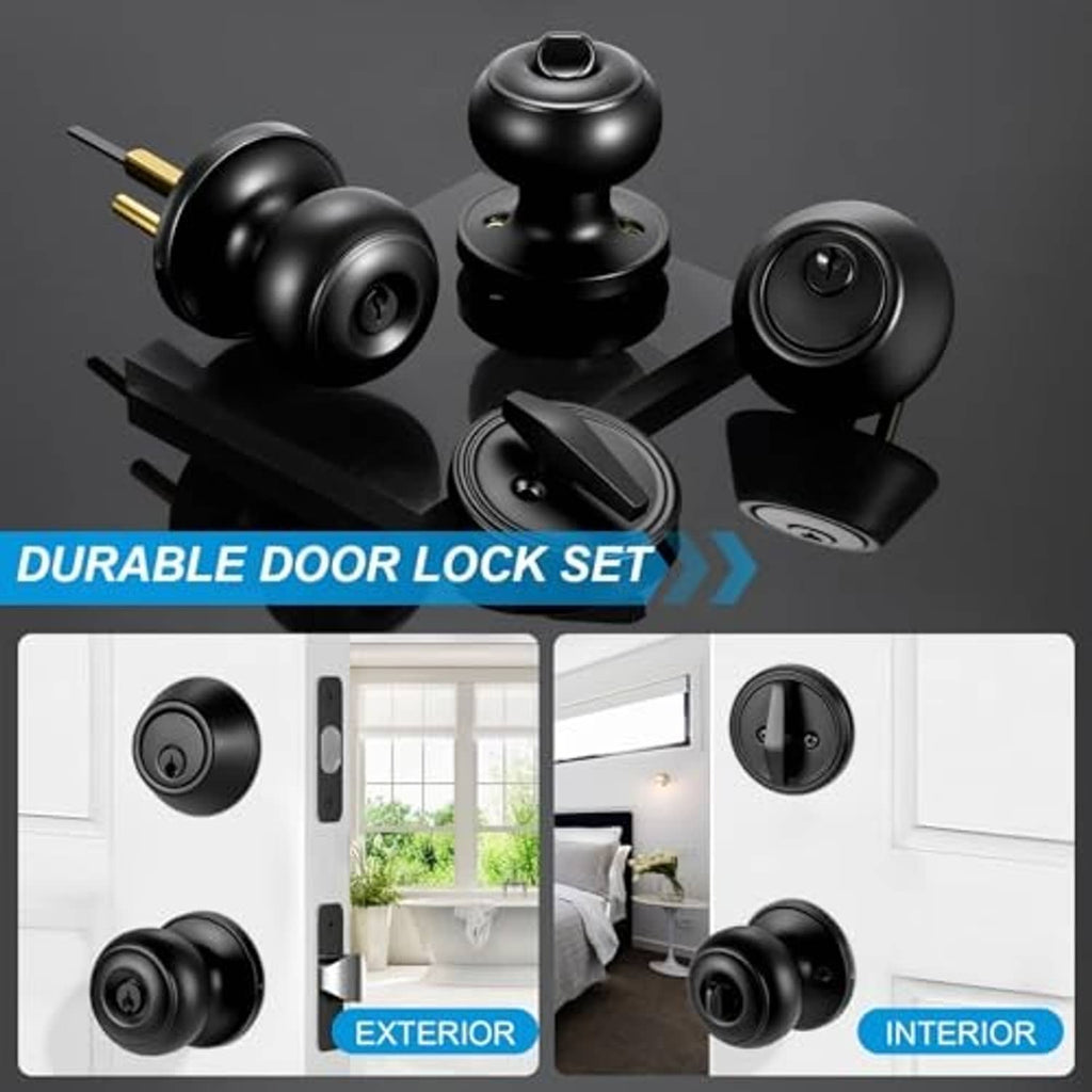 Matte black door lock components with matching knobs and cylinder, key included