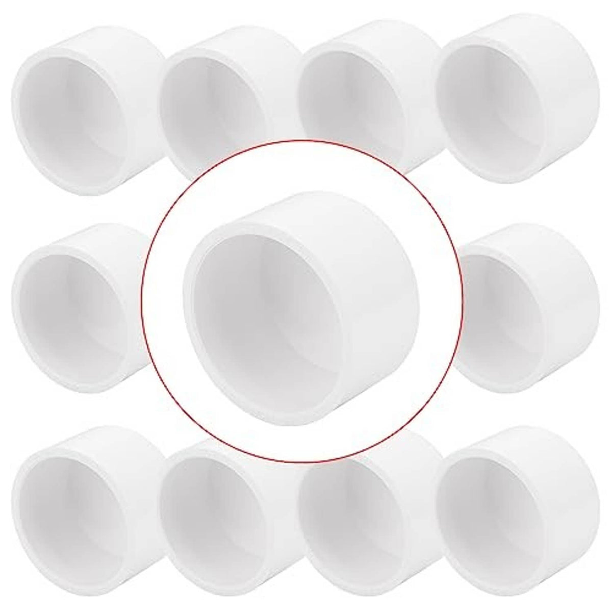 Pack of white PVC pipe end caps with smooth round outer shape and hollow ends