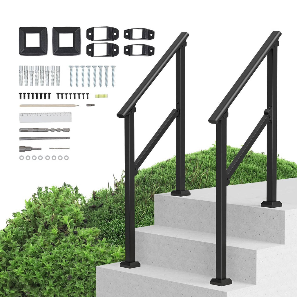 Black carbon steel outdoor stair handrails with base posts and railing bars
