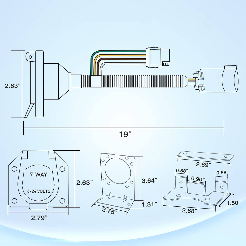 7-way trailer wiring harness system with length and size measurement diagram