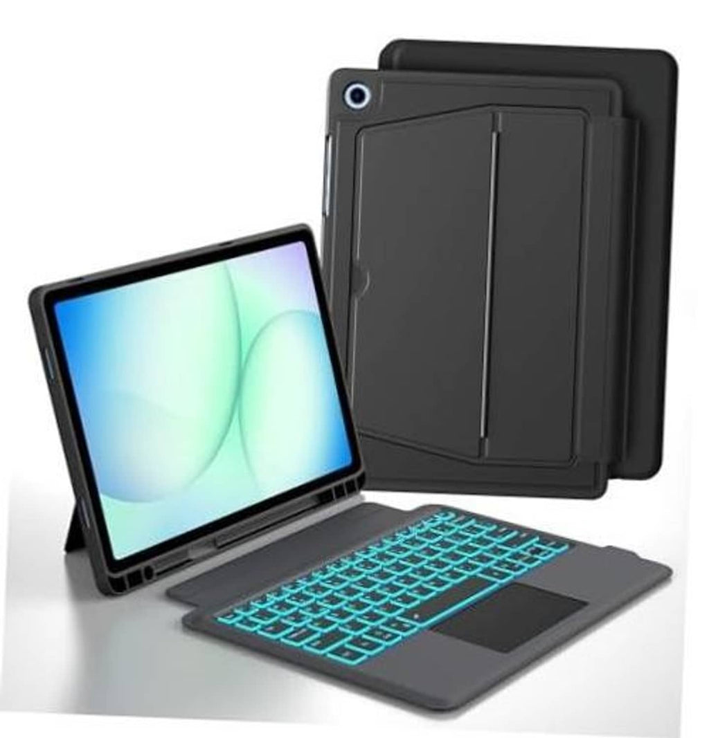 Black tablet keyboard case with hinged stand and teal backlit keys