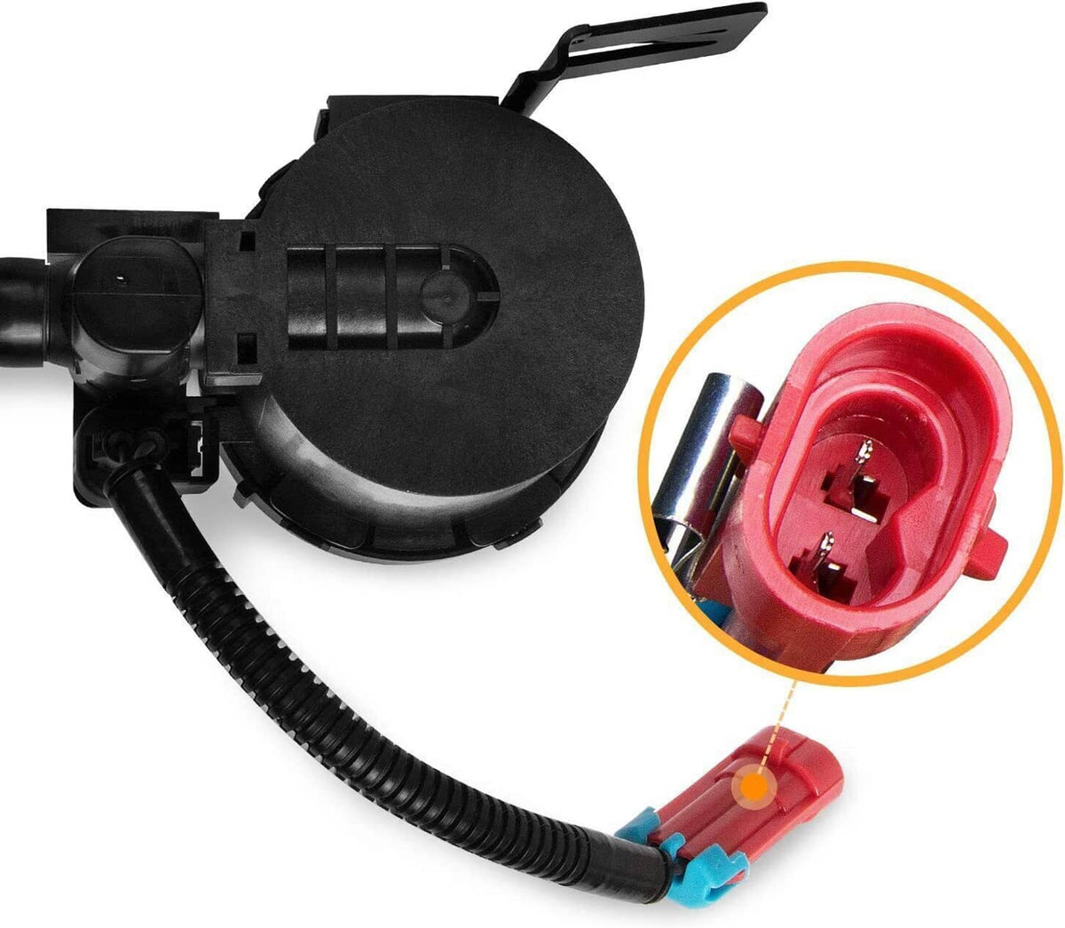 Vapor canister vent solenoid valve with red electrical connector and black hoses