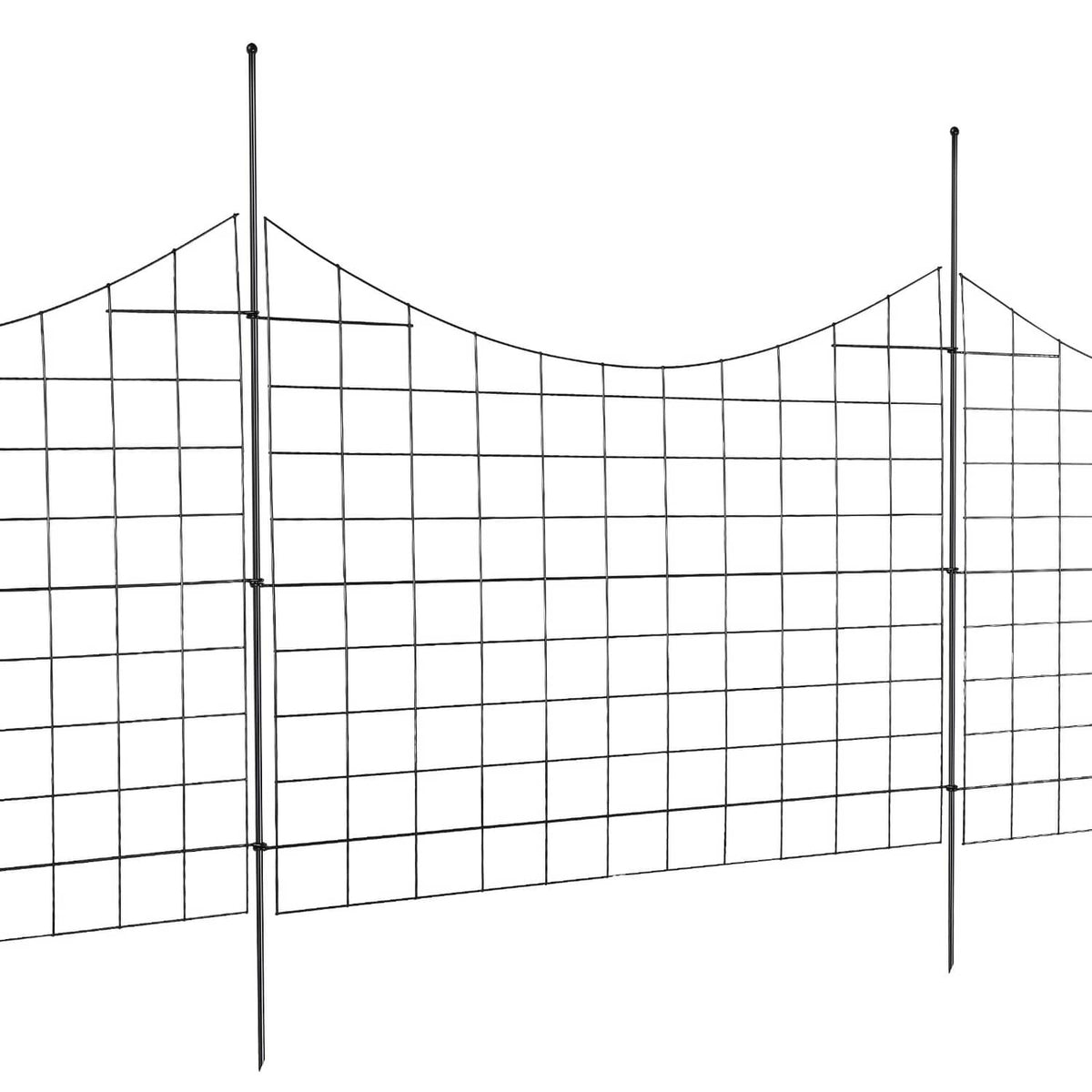 Black mesh garden fence panels with upright vertical posts, front-facing grid view