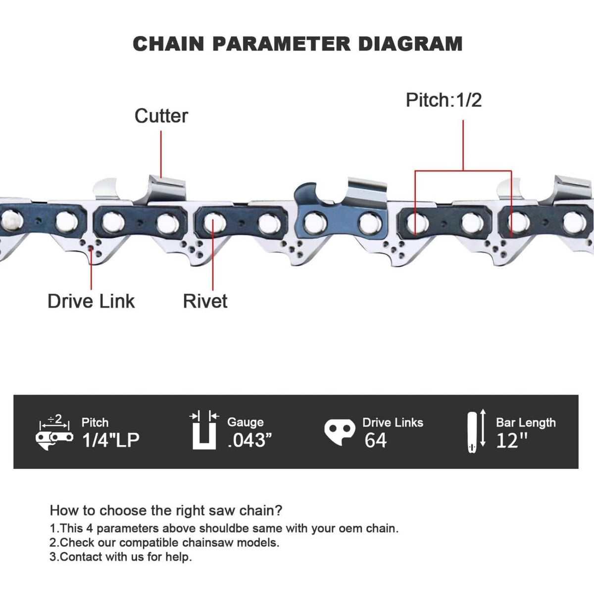 Replacement saw chain parameter diagram showing cutter, drive links, pitch and bar length