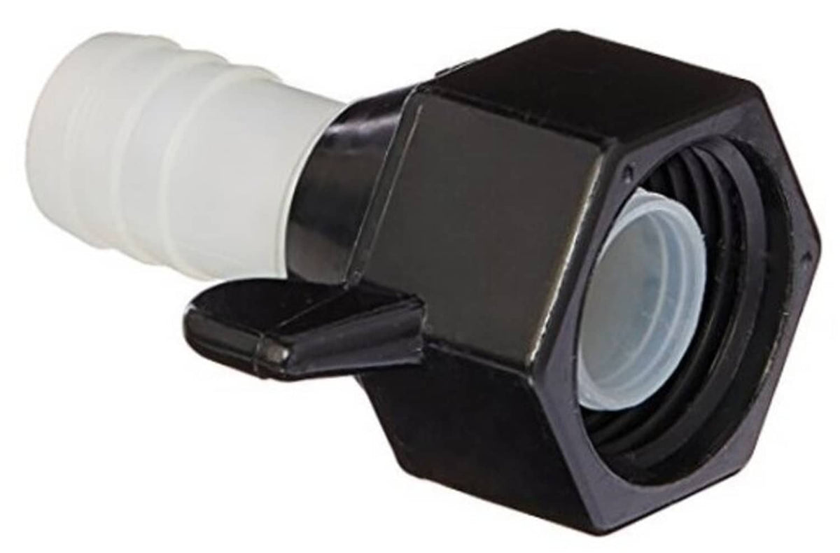 Straight barbed wingnut plumbing fitting, black housing with white barbed end
