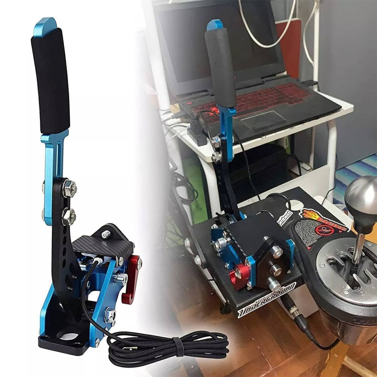 USB handbrake mounted setup with blue handle, black pedal plate, and control cables