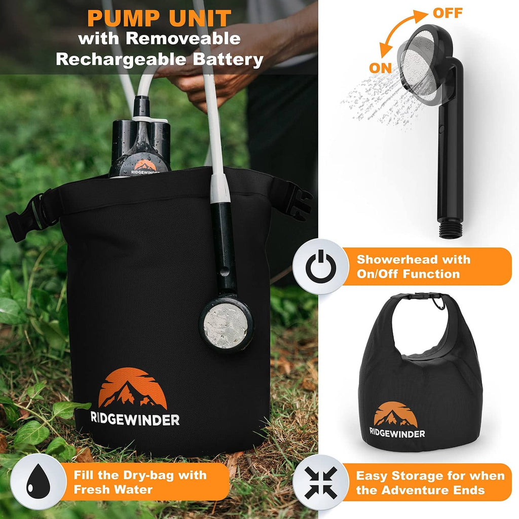 Battery-powered portable camp shower with dry bag, pump unit, and on/off control