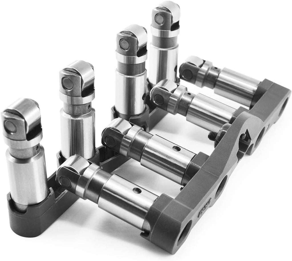 Hydraulic lifter set close-up with chrome plungers and black mounting bracket