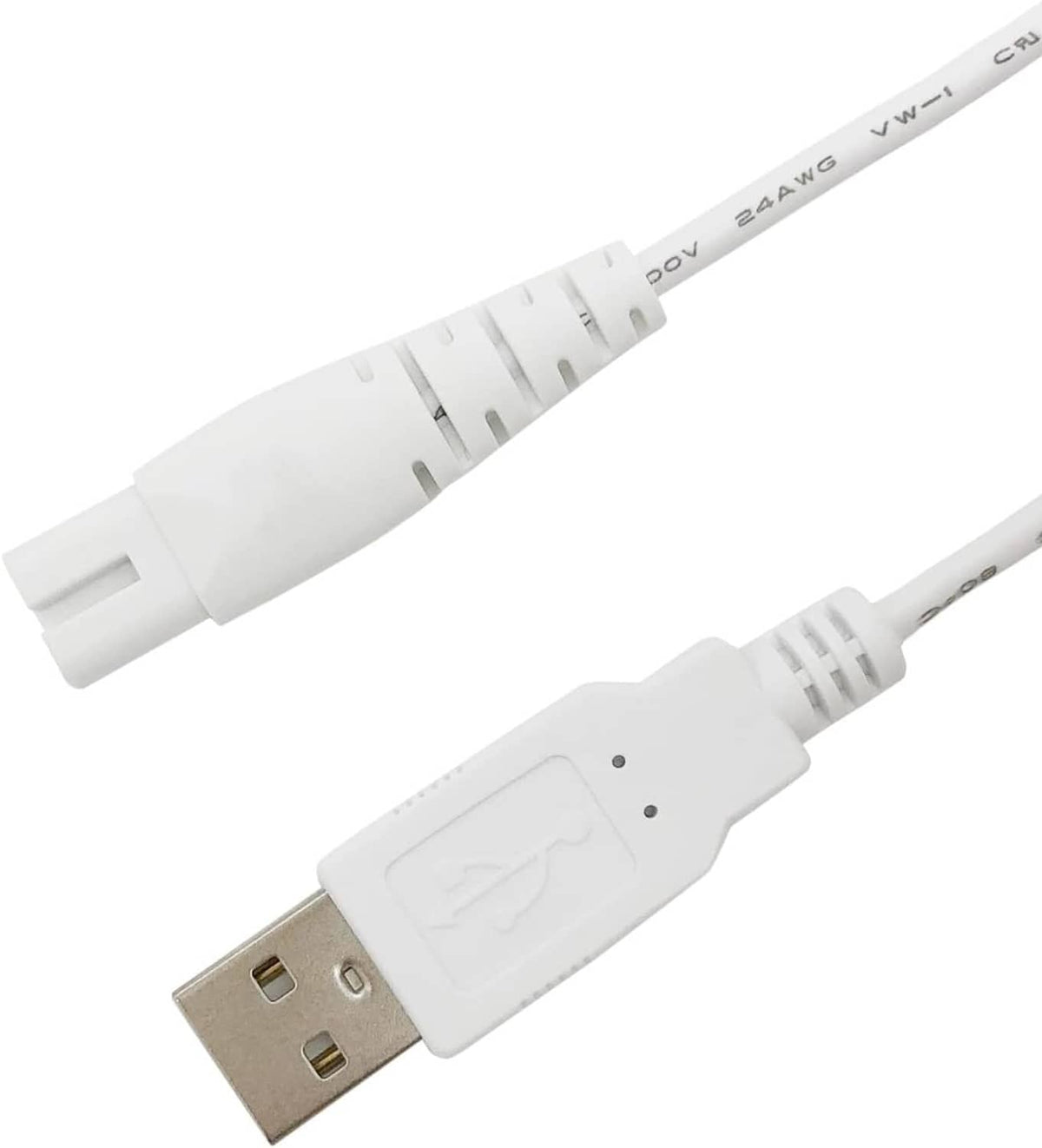 Close-up of white USB charger cable connectors with visible wire gauge markings