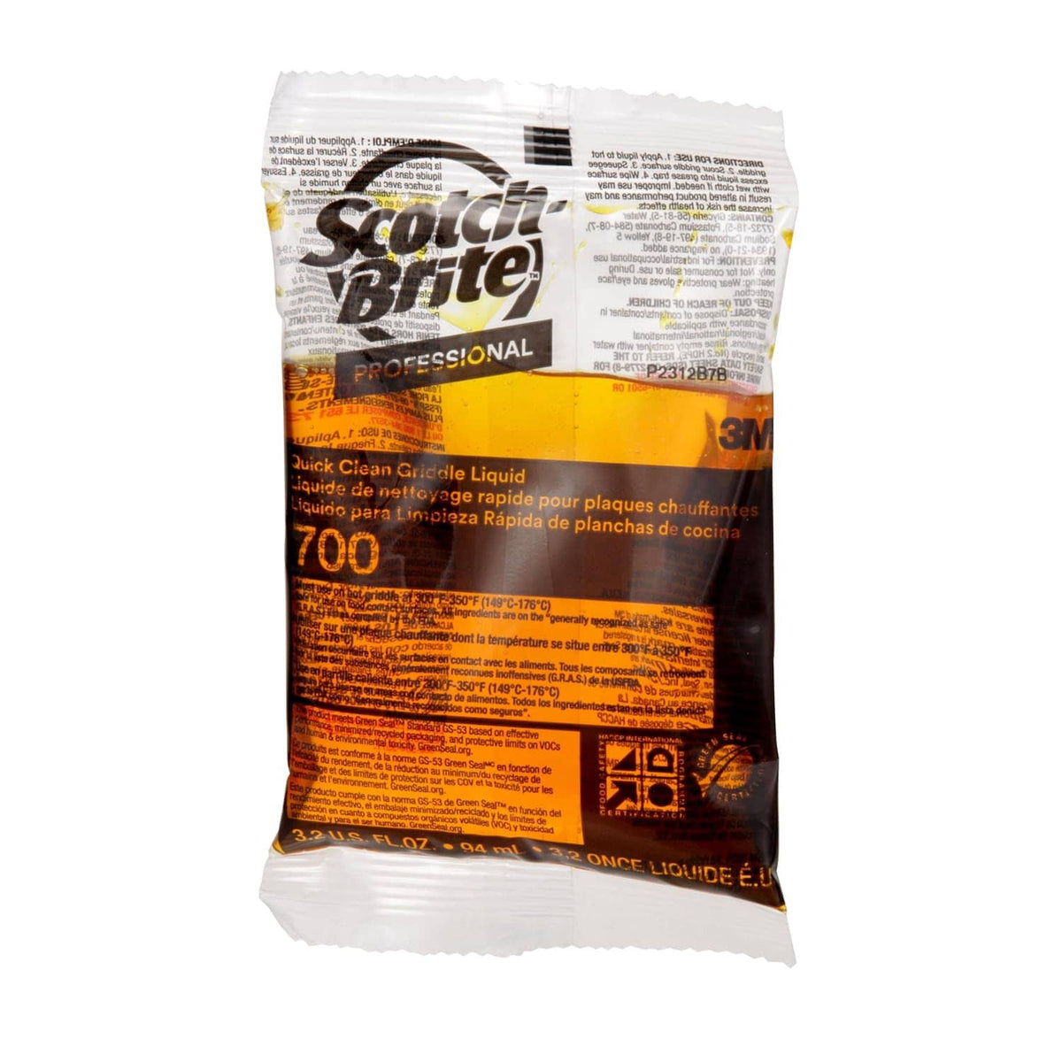 Scotch-Brite griddle cleaning liquid packet, 3.2 oz, orange and dark label
