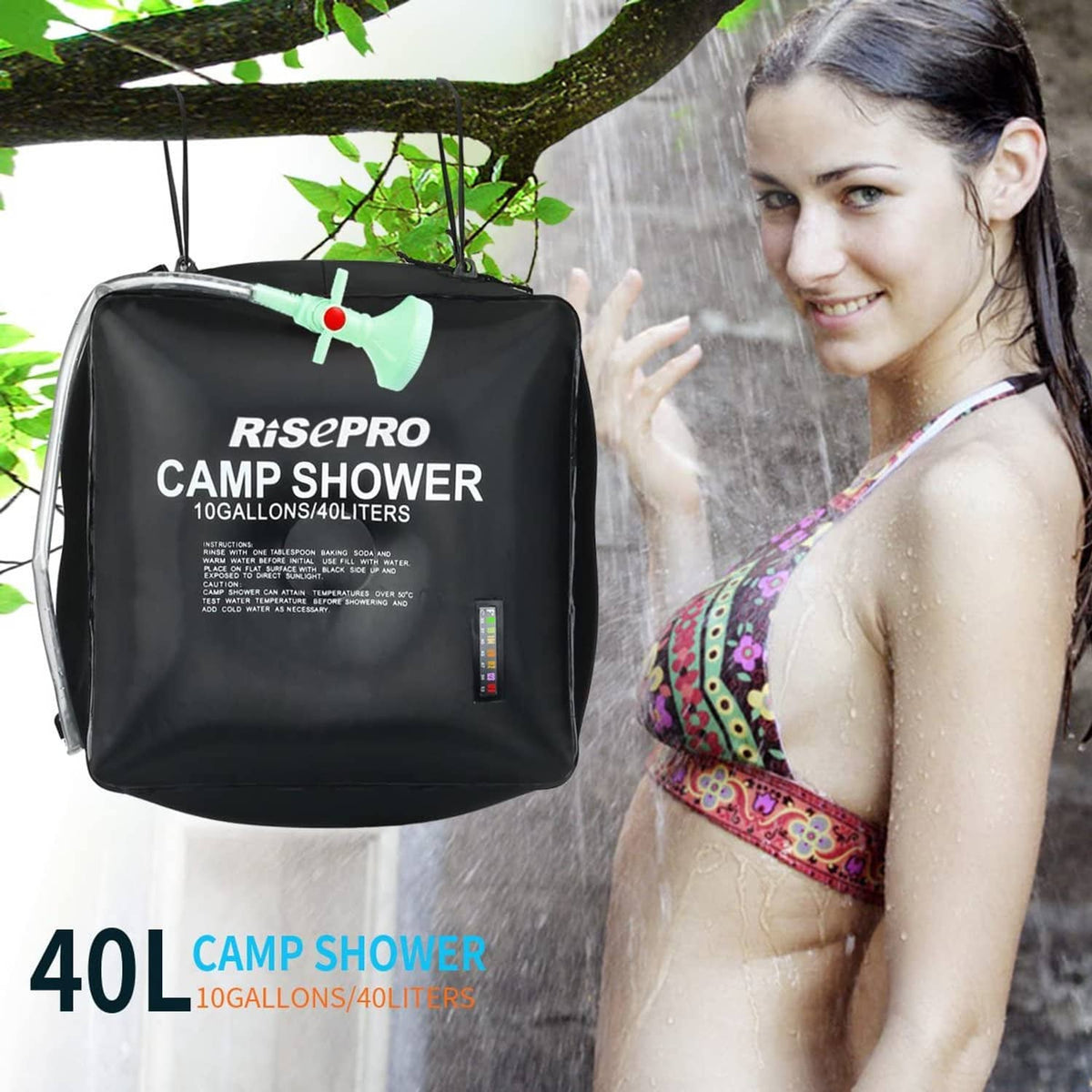40L camp shower solar heating bag with green shower head and thermometer window