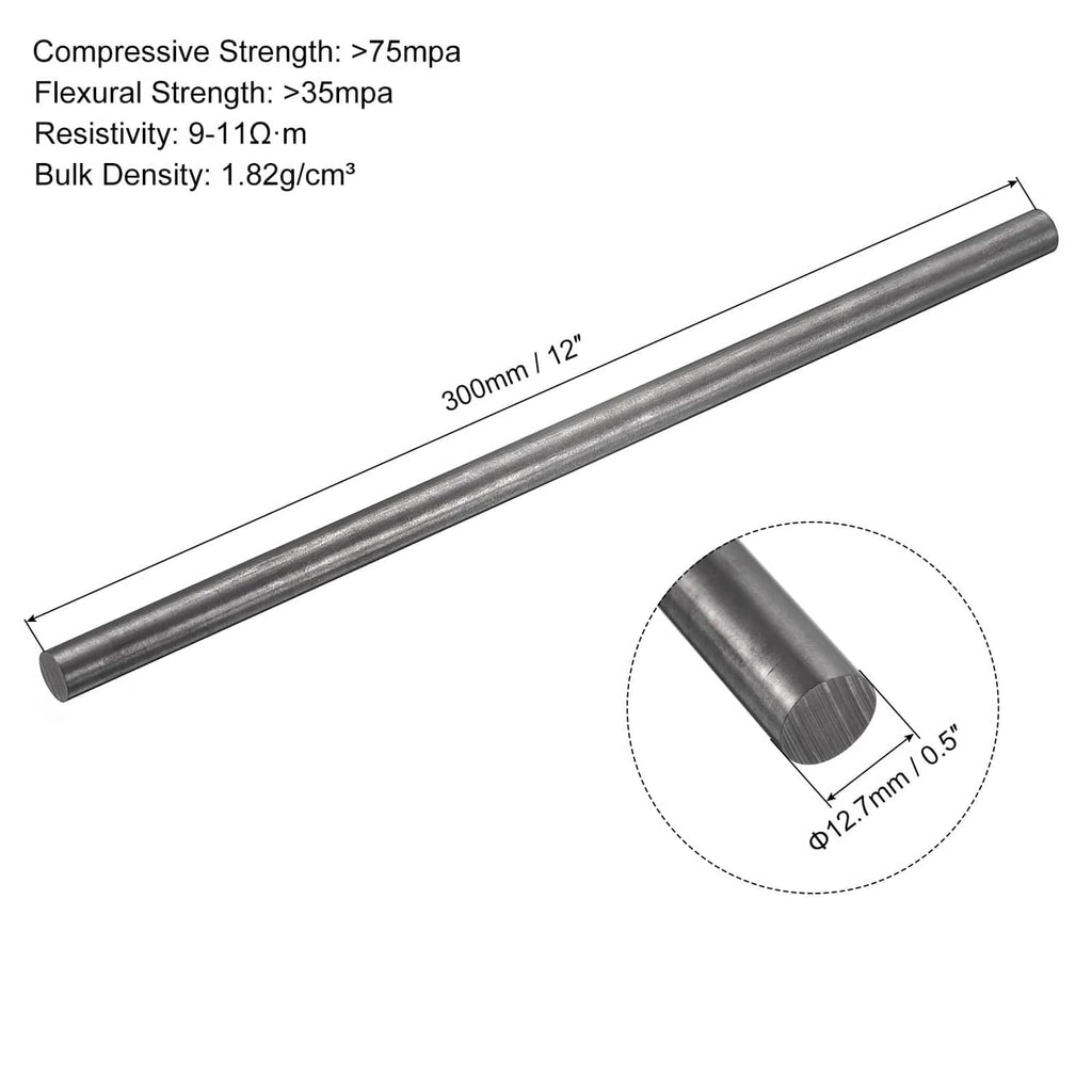 Graphite cylinder stirring rods with measured length and diameter shown on diagram