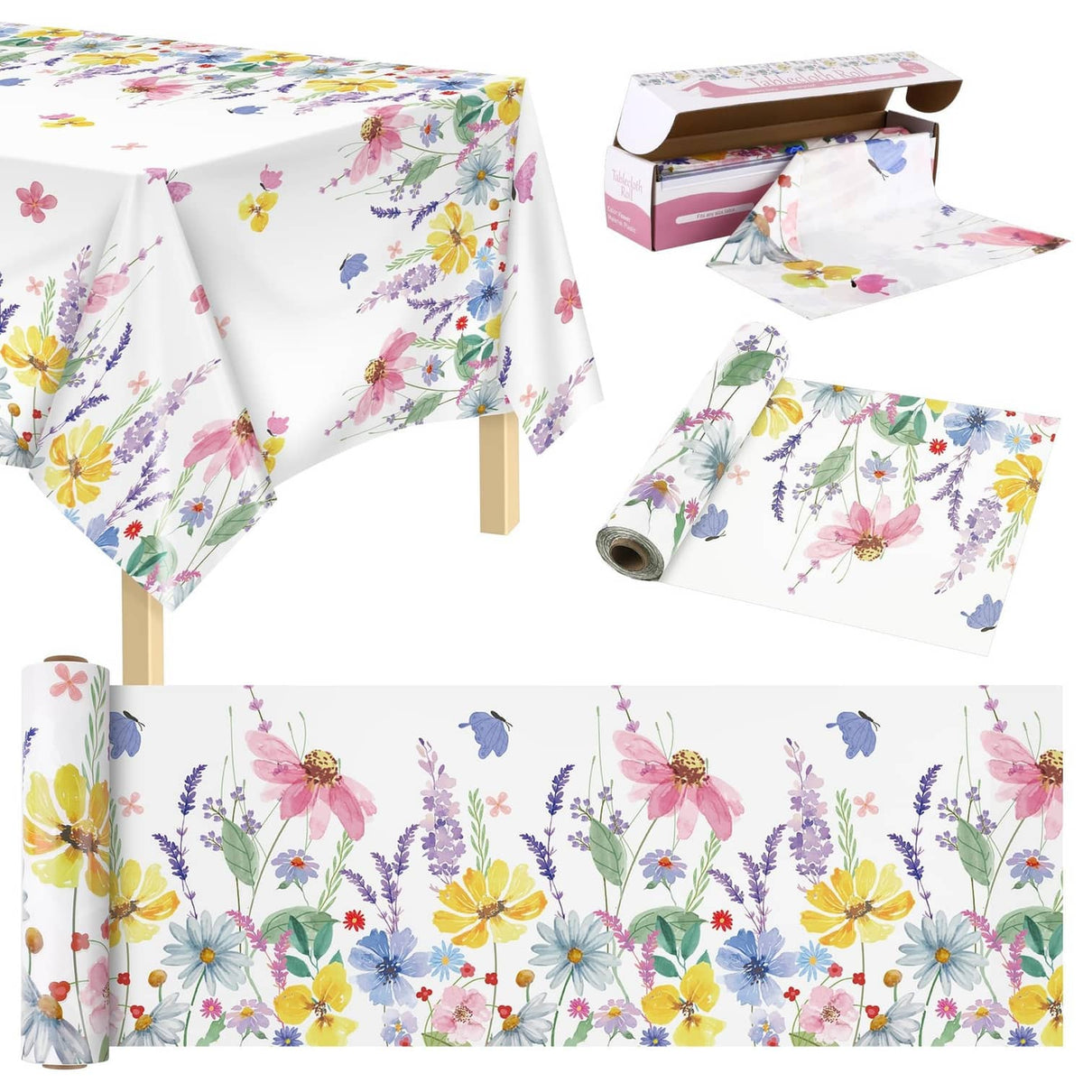 Spring floral tablecloth roll in white with pink, blue, yellow flowers and butterfly print