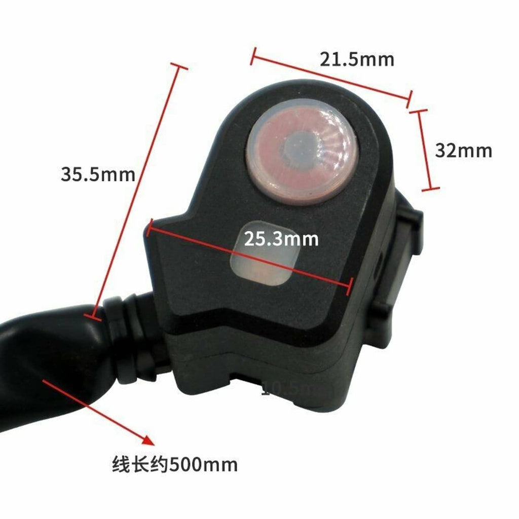 Black engine kill switch module with pink lens button and measured dimensions
